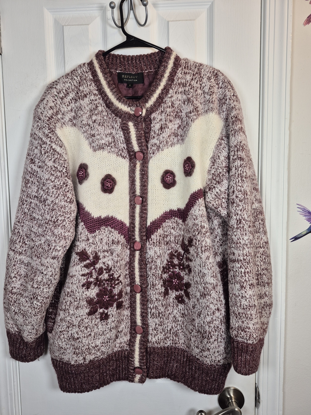 Reflect Vintage Mohair Angora Knit Floral Beaded Cardigan Jacket XL Cottagecore